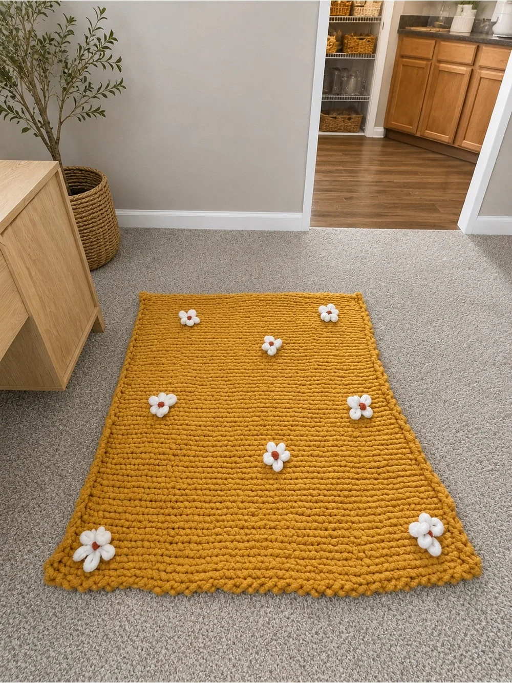 🌼 Handmade Mustard Floral Chunky Knit Blanket – 46” x 48” 🌼